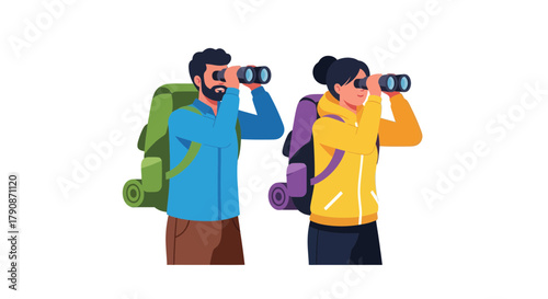 Adventurous Couple Exploring A Wilderness With Binoculars For Their Next Journey