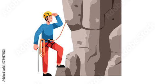Adventurous Climber Ascends Rocky Terrain with Safety Gear and Courageous Spirit