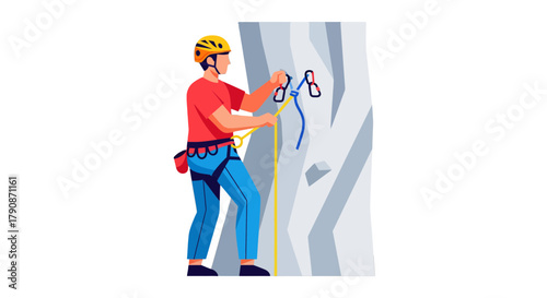 Adventurous Climber Ascends Rocky Terrain with Safety Gear for Outdoor Adventure