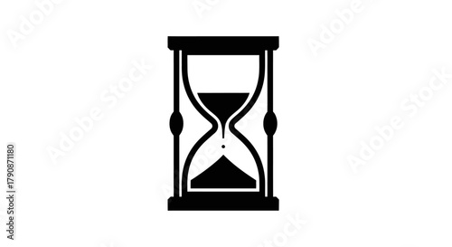 A simple black and white illustration of an hourglass with flowing sand