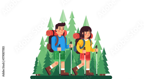 Adventurous Couple Hiking Together In Forest With Green Trees And Black Background