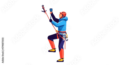 Adventurous Climber Ascends Using Safety Gear Against Black Background