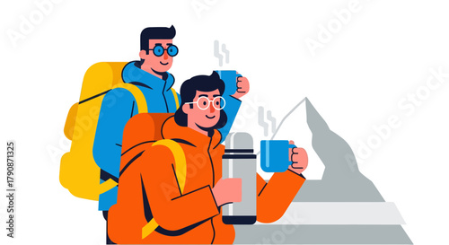 Adventurous Couple In The Mountains Enjoying Beverages And Peaceful Scenery