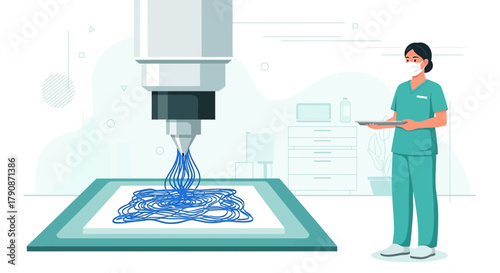3D printing technology in healthcare with a nurse wearing a protective mask illustration