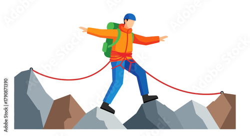 Adventurous Climber Balancing on Risky Mountaintops Against a Dark Background