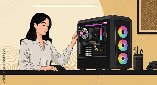 A modern woman admires her high performance gaming computer setup at home workstation