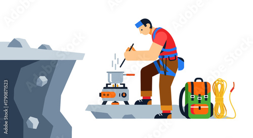 Adventurous Climber Cooking On A Cliffside, Preparing Meals, Vector Illustration