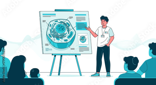 A presentation showing a biological cell being given to an audience in a classroom setting
