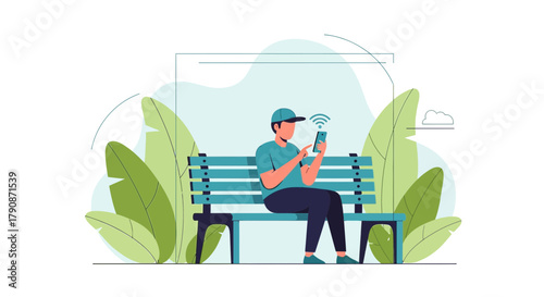 A Relaxing Day: Man Using Smartphone with Wifi on Park Bench Surrounded by Nature