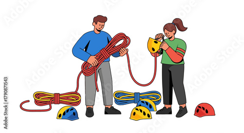 Adventurous Couple Prepares Climbing Gear For Expedition Against Black Background