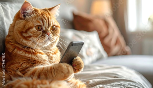 Orange cat attentively looks at phone screen while lounging on a couch in a brightly lit, comfortable living room