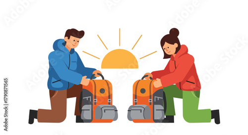 Adventurous Couple Prepares for Morning Expedition Under Bright Sunlight Illustration