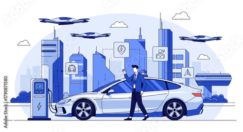 A vibrant illustration depicting a futuristic city with electric vehicles and drones showcasing
