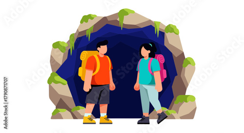 Adventurous Couple Standing At The Entrance Of A Mysterious Dark Cave In A Graphic Style