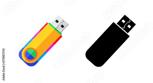 Colorful usb drive and its black silhouette illustration on white background