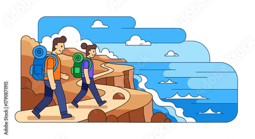 Adventurous Couple Traversing Coastal Trail in Geometric Illustration For Scenic Expedition