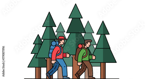 Adventurous Couple Traversing Forest On Trail, Illustrated Hiking Adventure In Nature