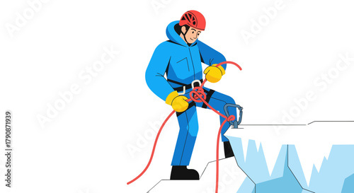 Adventurous Climber Harnessing Safety Measures And Preparing For Mountain Exploration