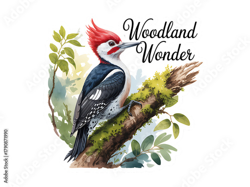Woodland wonder bird on mossy tree branch