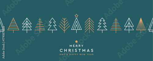 christmas greeting card with minimalistic fir tree seamless border vector illustration