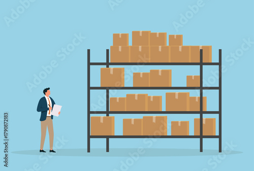 Vector illustration of a businessman inspecting warehouse shelves filled with cardboard boxes, symbolizing inventory control, product management, logistics, and efficient warehouse operations
