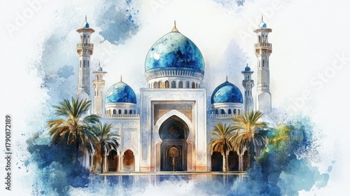 Watercolor painting of a grand mosque with blue domes isolated on white background