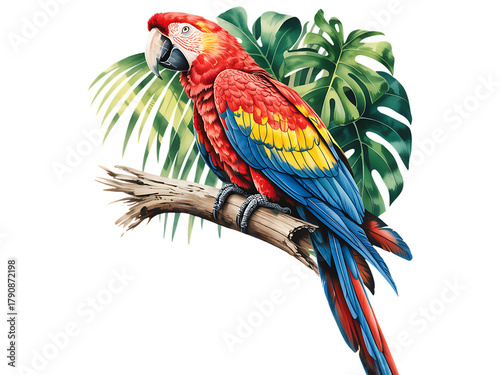 Vibrant scarlet macaw perched on a branch