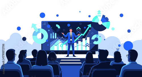 Business presentation with professional speaker conveying growth to a diverse audience