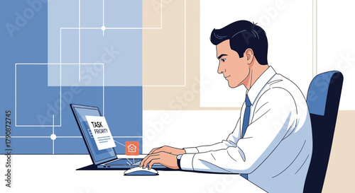 Businessman Focused on Task Prioritization Working on Laptop in Office Setting Concept