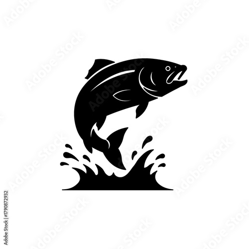 leaping salmon or trout fish silhouette black and white icon logo vector