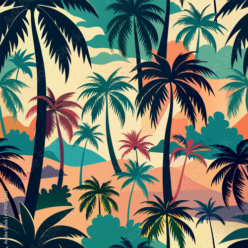 Tropical palm tree pattern with sunset colors and beach background