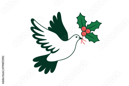 A white dove carries a sprig of holly with red berries in its beak.