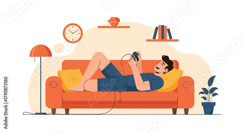 Cheerful man enjoying video gaming on couch, leisure time and relaxation at home depicted