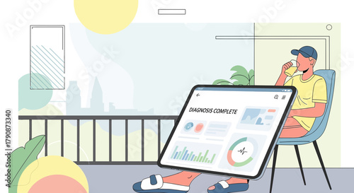 Conceptual illustration of a man receiving a medical diagnosis online remotely at home