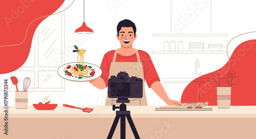 Chef vlogging a cooking show holding a plate of spaghetti in a modern kitchen setup