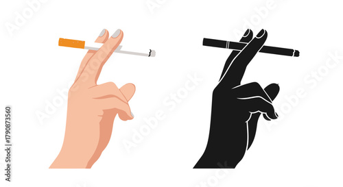A hand holding a lit cigarette shown in color and silhouette form