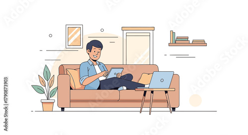 Digital nomad lifestyle: Young man working remotely on tablet and laptop at home comfortably on sofa