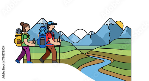 Adventurous Couple Traversing Mountain Trails, Exploring Nature and Discovering Wonders Successfully