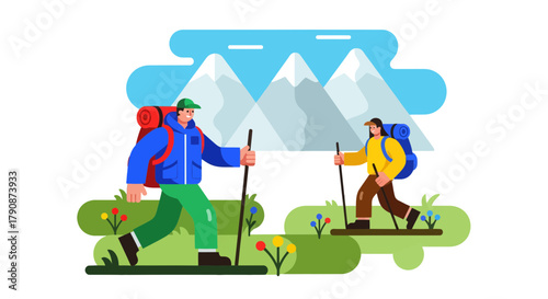 Adventurous Couple Traversing Mountainous Terrain in a Vividly Illustrated Scene