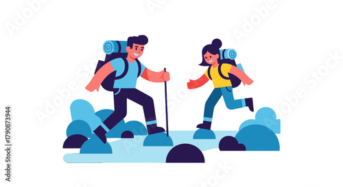 Adventurous Couple Traversing Terrain While Backpacking Through the Remote Wilderness