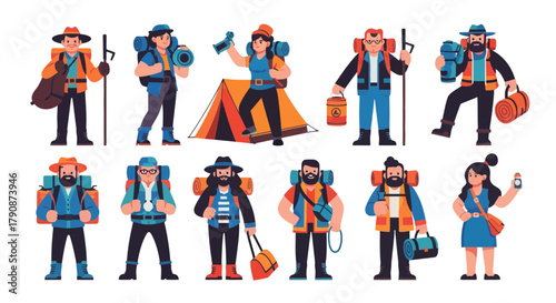 Adventurous Explorers with Camping Gears Hiking Together In Nature Illustrated