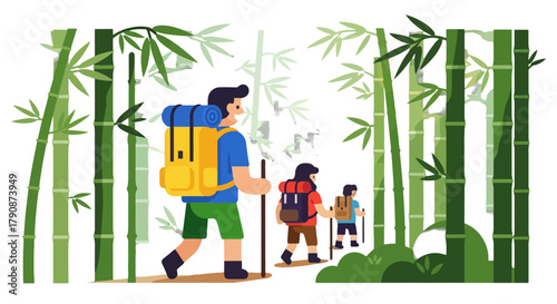 Adventurous Family Hiking Through A Scenic Bamboo Forest Adventure Destination