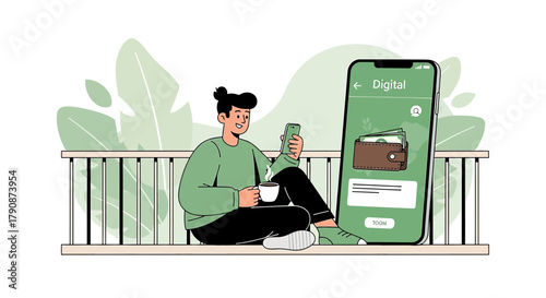 Digital Wallet Illustration: Man Relaxing with Coffee and Smartphone showcasing Digital Finance App