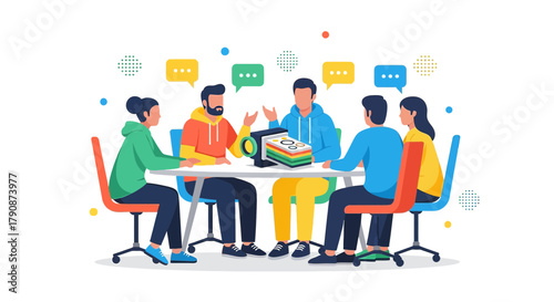 Diverse team collaborating around a table with digital projector discussion teamwork