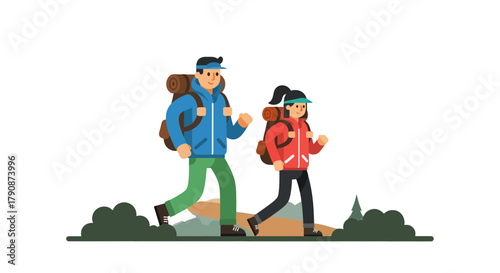 Adventurous Couple Traversing Terrain While Readying For A Journey, Illustrated