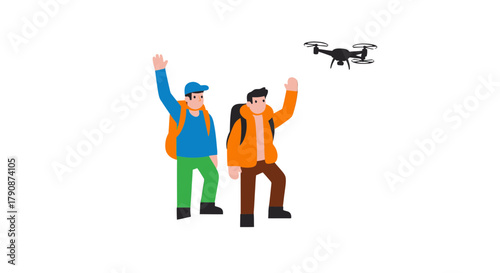 Adventurous Friends Enthusiastically Embrace Drone's Flight, Capturing Moments, in Wilderness