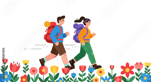 Adventurous Couple Trekking Through A Scenic Floral Landscape Amidst Dark Backdrop