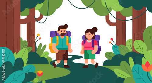 Adventurous Couple Trekking Through Dense Forest, Exploring Nature Together And Ready