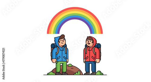 Adventurous Friends Witnessing A Vibrant Rainbow Under a Blackness Sky Together