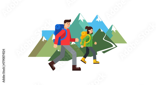 Adventurous Couple Trekking Through Majestic Mountains with Vibrant Backpacks on Their Journey